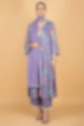 Purple Georgette Floral Printed & Mirror Embroidered Kurta Set by Tanu Malhotra at Pernia's Pop Up Shop