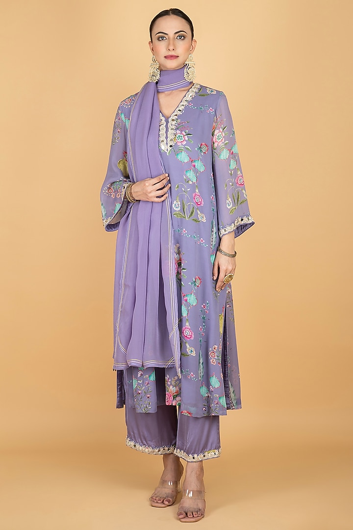 Purple Georgette Floral Printed & Mirror Embroidered Kurta Set by Tanu Malhotra at Pernia's Pop Up Shop