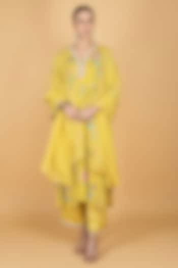 Lime Yellow Georgette Floral Printed & Mirror Embroidered Kurta Set by Tanu Malhotra at Pernia's Pop Up Shop