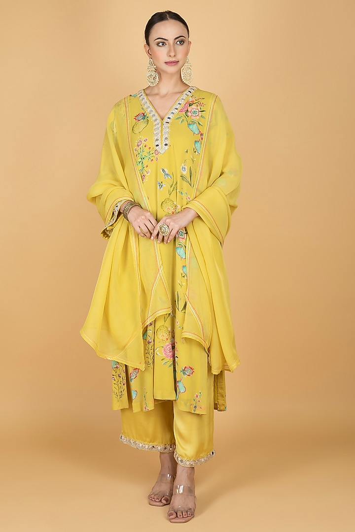 Lime Yellow Georgette Floral Printed & Mirror Embroidered Kurta Set by Tanu Malhotra at Pernia's Pop Up Shop