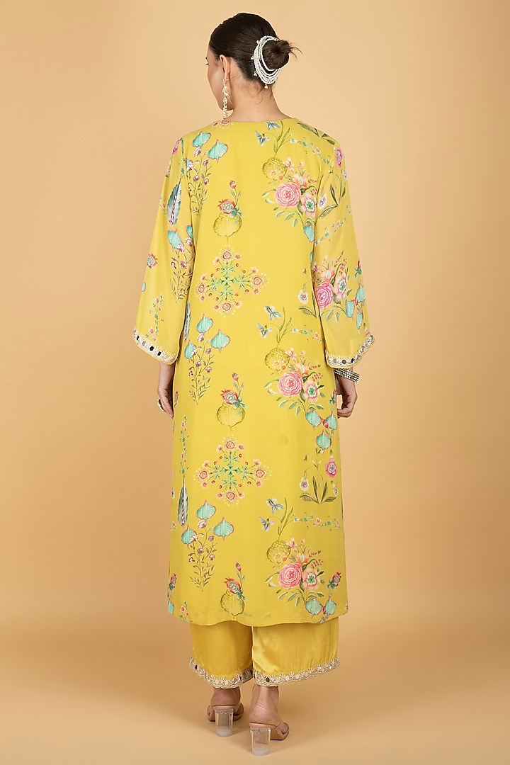 Lime Yellow Georgette Floral Printed & Mirror Embroidered Kurta Set by Tanu Malhotra at Pernia's Pop Up Shop