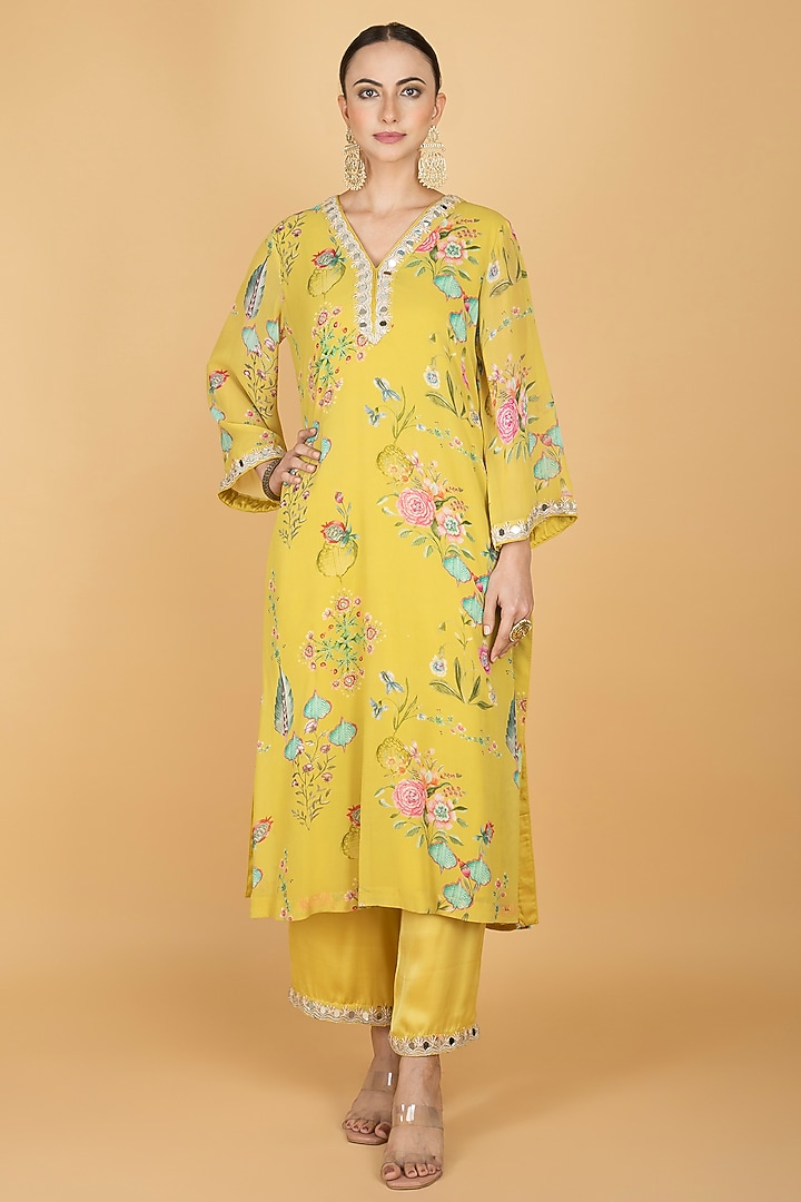 Lime Yellow Georgette Floral Printed & Mirror Embroidered Kurta Set by Tanu Malhotra at Pernia's Pop Up Shop