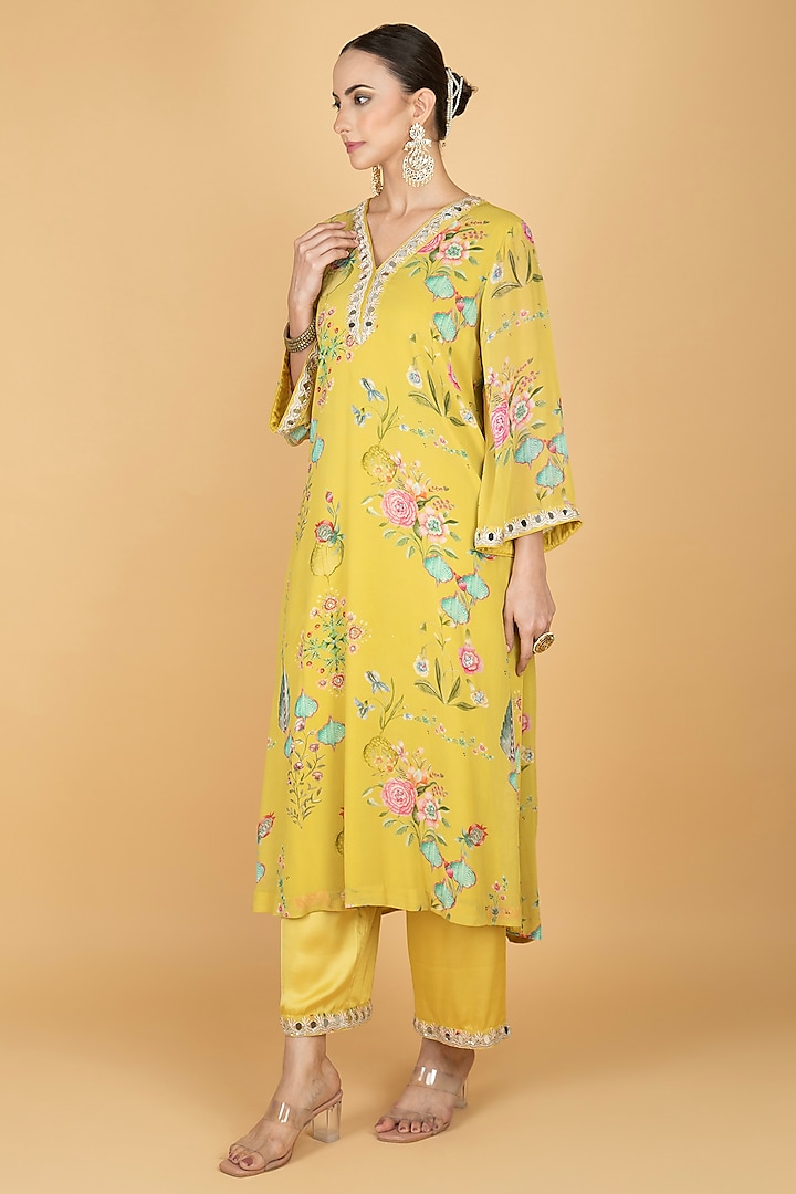 Lime Yellow Georgette Floral Printed & Mirror Embroidered Kurta Set by Tanu Malhotra at Pernia's Pop Up Shop