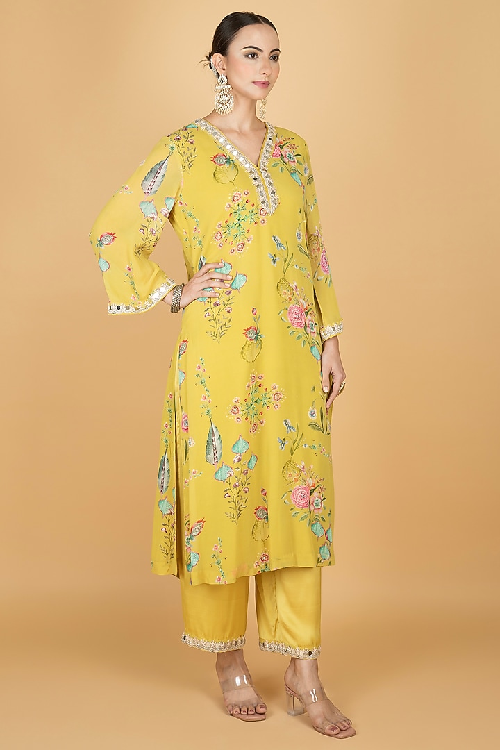 Lime Yellow Georgette Floral Printed & Mirror Embroidered Kurta Set by Tanu Malhotra at Pernia's Pop Up Shop
