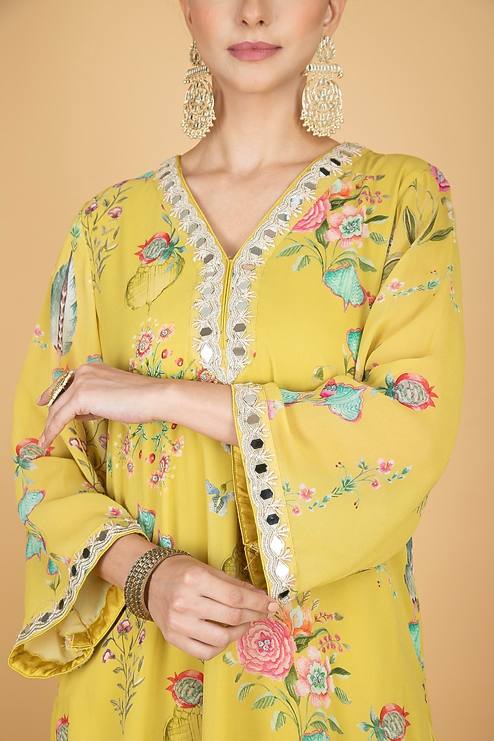 Lime Yellow Georgette Floral Printed & Mirror Embroidered Kurta Set by Tanu Malhotra at Pernia's Pop Up Shop