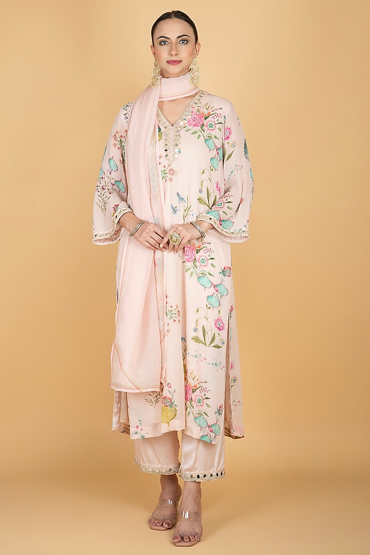 Nude Pink Georgette Floral Printed & Mirror Embroidered Kurta Set by Tanu Malhotra at Pernia's Pop Up Shop