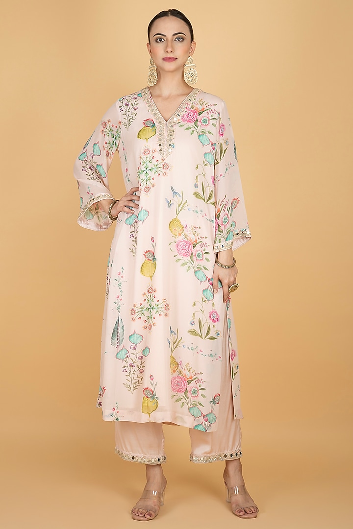 Nude Pink Georgette Floral Printed & Mirror Embroidered Kurta Set by Tanu Malhotra at Pernia's Pop Up Shop