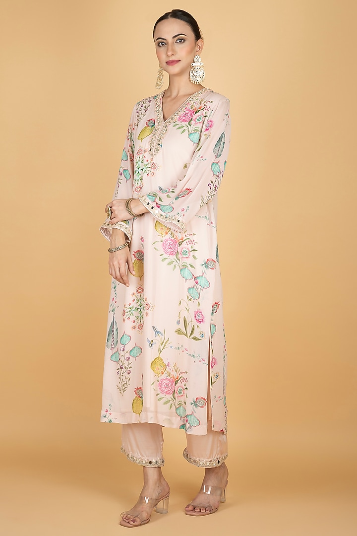 Nude Pink Georgette Floral Printed & Mirror Embroidered Kurta Set by Tanu Malhotra at Pernia's Pop Up Shop