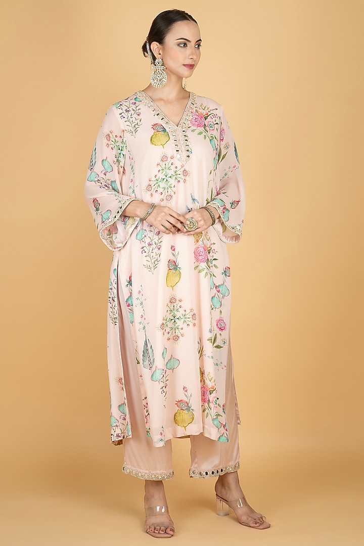 Nude Pink Georgette Floral Printed & Mirror Embroidered Kurta Set by Tanu Malhotra at Pernia's Pop Up Shop