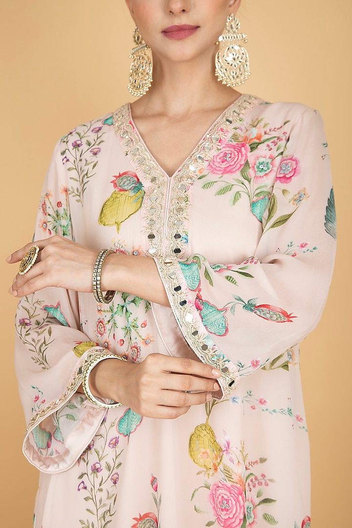 Nude Pink Georgette Floral Printed & Mirror Embroidered Kurta Set by Tanu Malhotra at Pernia's Pop Up Shop