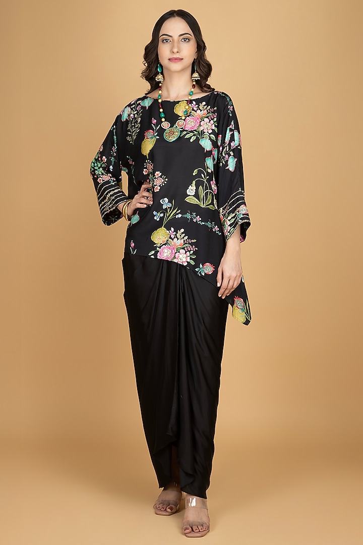 Black Modal Silk Draped Skirt Set by Tanu Malhotra at Pernia's Pop Up Shop