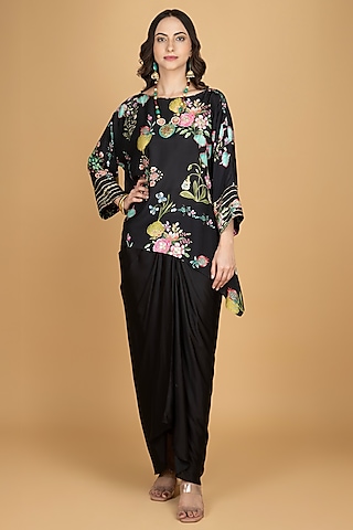 Black Modal Silk Draped Skirt Set by Tanu Malhotra