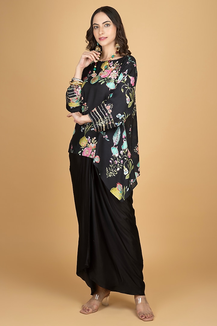 Black Modal Silk Draped Skirt Set by Tanu Malhotra at Pernia's Pop Up Shop