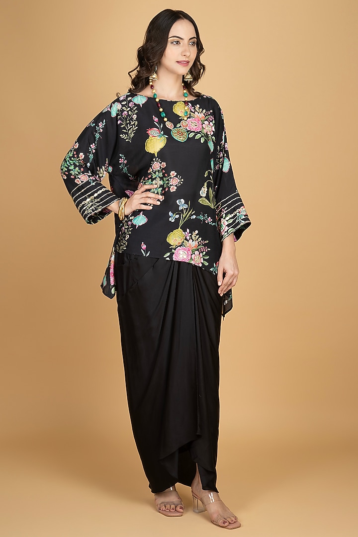 Black Modal Silk Draped Skirt Set by Tanu Malhotra at Pernia's Pop Up Shop
