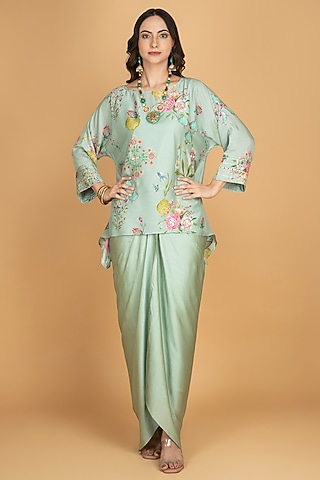 Green Modal Silk Draped Skirt Set by Tanu Malhotra