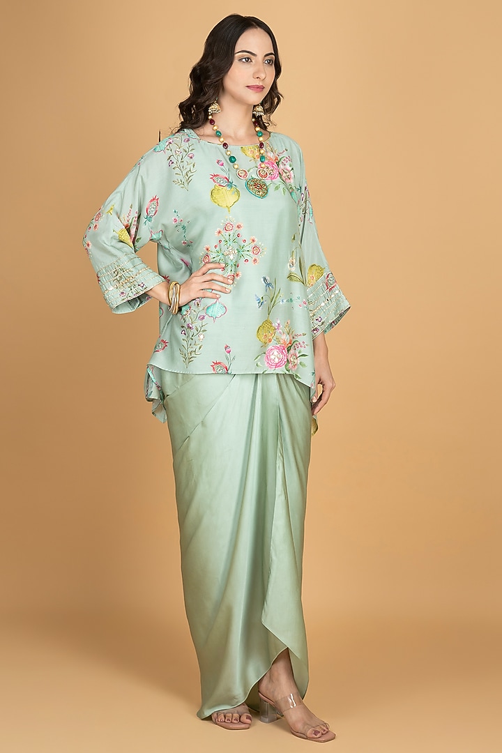 Green Modal Silk Draped Skirt Set by Tanu Malhotra at Pernia's Pop Up Shop