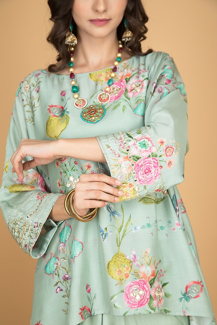 Green Modal Silk Draped Skirt Set by Tanu Malhotra at Pernia's Pop Up Shop