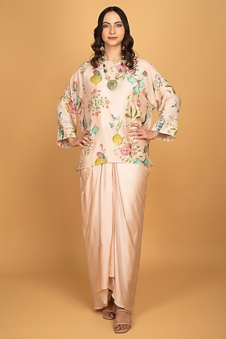 Nude Pink Modal Silk Draped Skirt Set by Tanu Malhotra