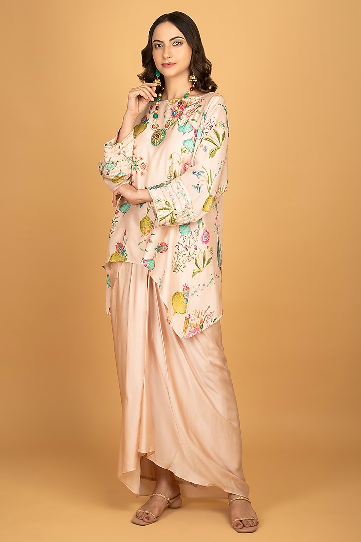 Nude Pink Modal Silk Draped Skirt Set by Tanu Malhotra at Pernia's Pop Up Shop