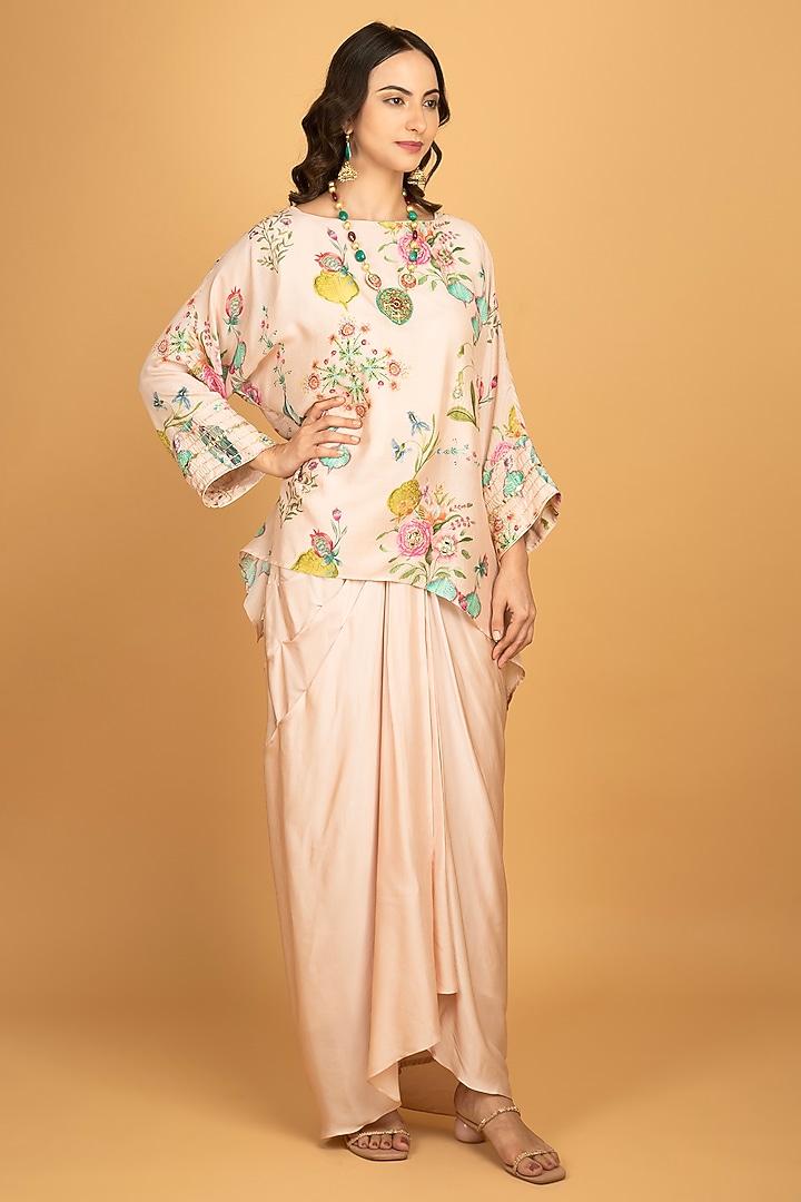 Nude Pink Modal Silk Draped Skirt Set by Tanu Malhotra at Pernia's Pop Up Shop