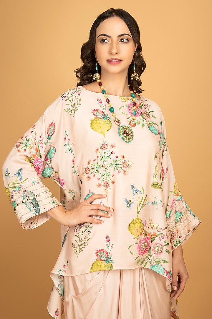 Nude Pink Modal Silk Draped Skirt Set by Tanu Malhotra at Pernia's Pop Up Shop