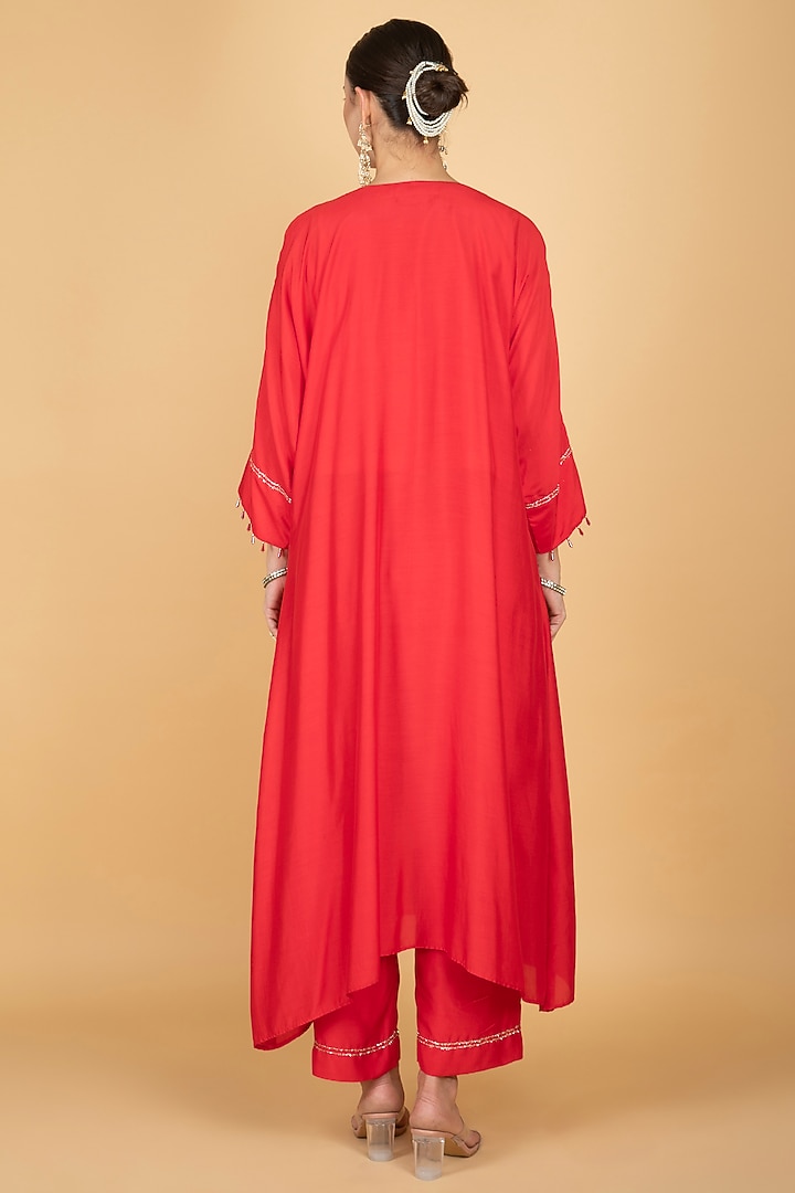Red Cotton Silk Hand Embroidered High-Low Kaftan Set by Tanu Malhotra at Pernia's Pop Up Shop