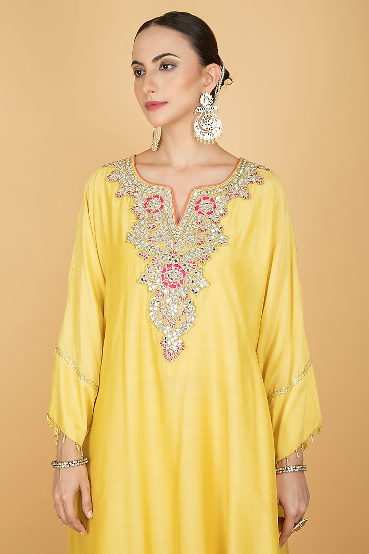 Lime Yellow Cotton Silk Hand Embroidered High-Low Kaftan Set by Tanu Malhotra at Pernia's Pop Up Shop