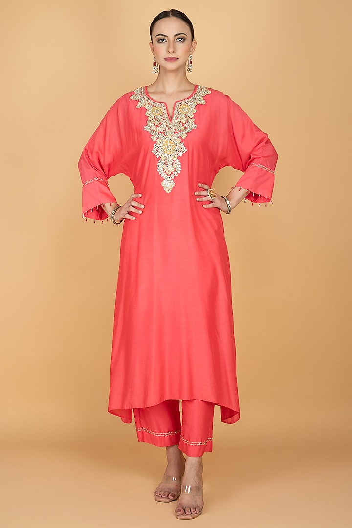Coral Cotton Silk Hand Embroidered High-Low Kaftan Set by Tanu Malhotra at Pernia's Pop Up Shop