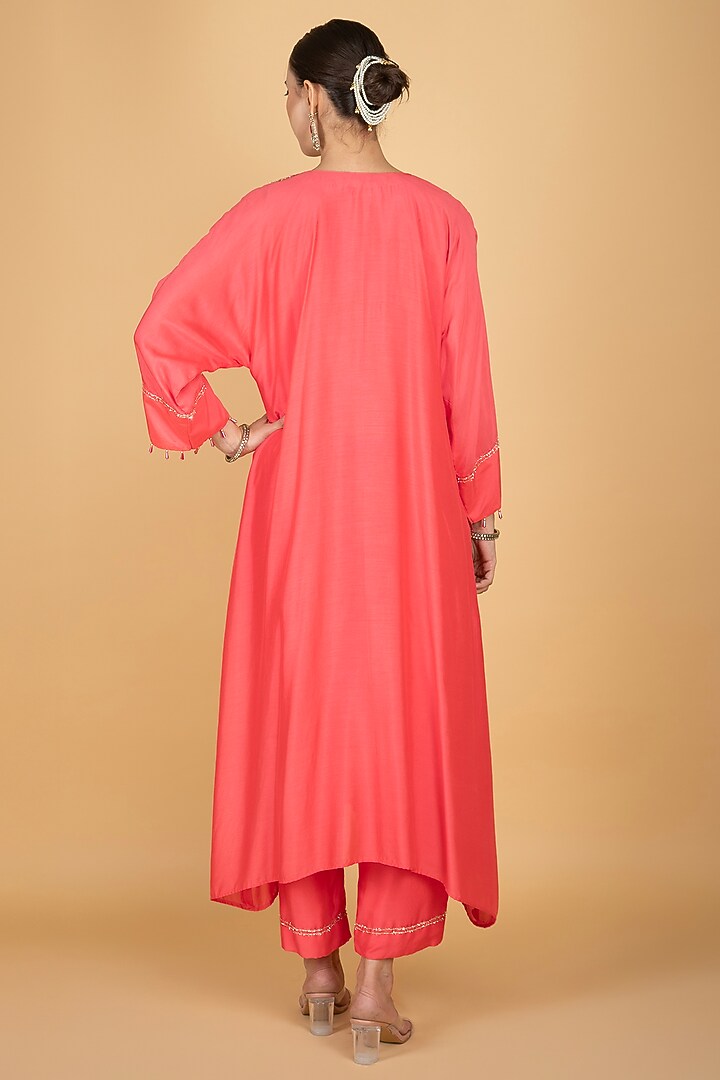 Coral Cotton Silk Hand Embroidered High-Low Kaftan Set by Tanu Malhotra at Pernia's Pop Up Shop