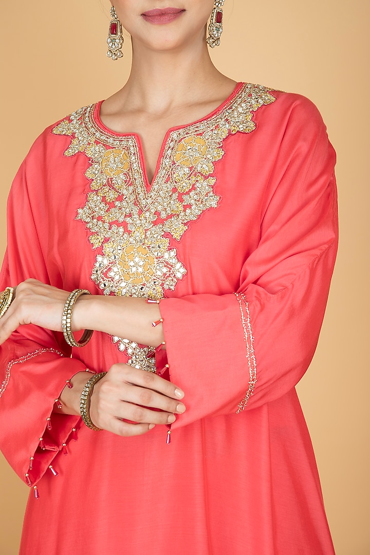 Coral Cotton Silk Hand Embroidered High-Low Kaftan Set by Tanu Malhotra at Pernia's Pop Up Shop