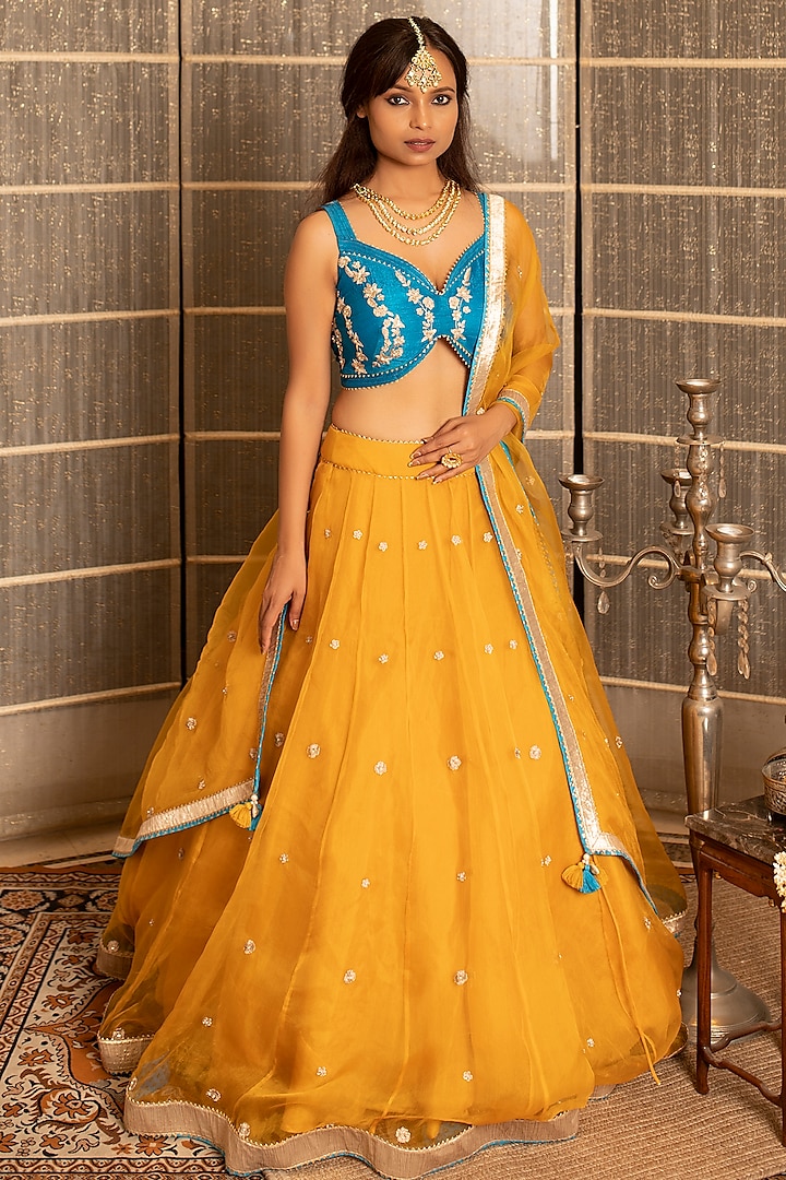 Mustard Organza Lehenga Set by Tanu Malhotra