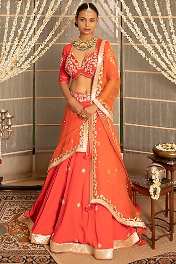 Coral Pink Embroidered Wedding Lehenga Set by Tanu Malhotra at Pernia's Pop Up Shop