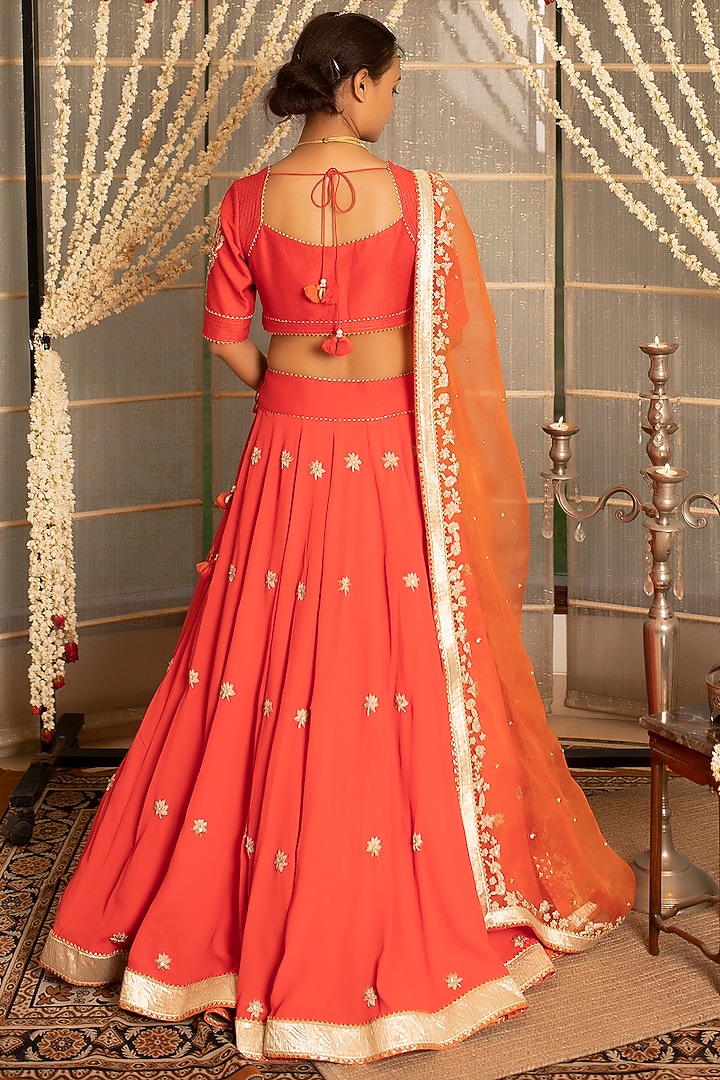 Coral Pink Embroidered Wedding Lehenga Set by Tanu Malhotra at Pernia's Pop Up Shop