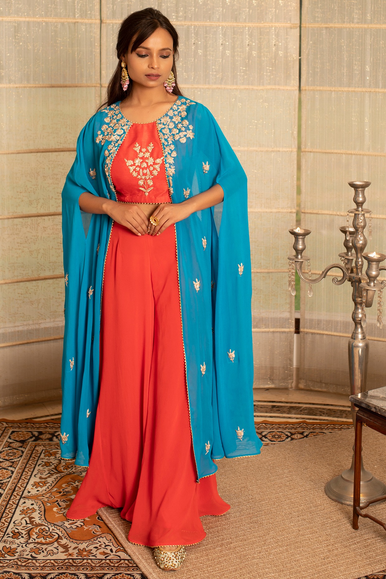 Buy Coral Deconstructed Angrakha With Pants by Designer JAJAABOR Online at  Ogaan.com