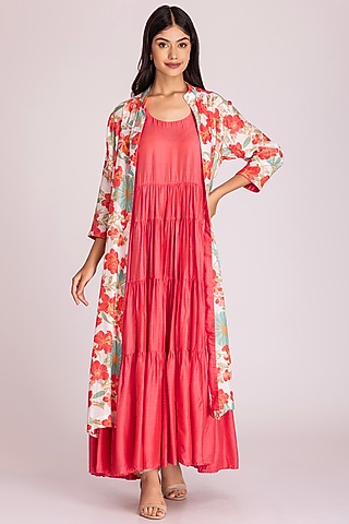 Dark Peach Cotton Tiered Jacket Dress by Tanu Malhotra