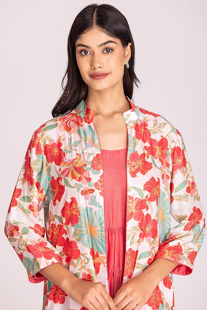 Dark Peach Cotton Tiered Jacket Summer Dress by Tanu Malhotra at Pernia's Pop Up Shop