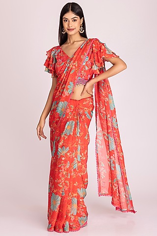 Tangerine Orange Organza Digital Printed Saree Set by Tanu Malhotra