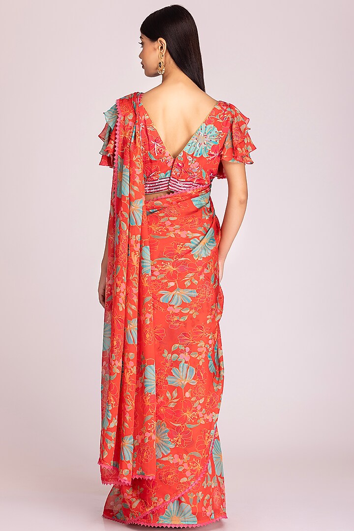 Tangerine Orange Organza Digital Printed Festive Saree Set by Tanu Malhotra at Pernia's Pop Up Shop
