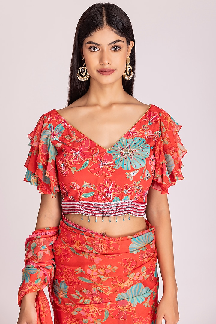 Tangerine Orange Organza Digital Printed Festive Saree Set by Tanu Malhotra at Pernia's Pop Up Shop
