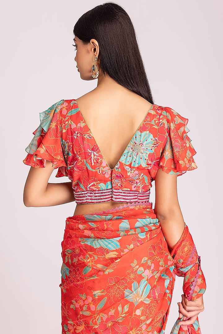 Tangerine Orange Organza Digital Printed Festive Saree Set by Tanu Malhotra at Pernia's Pop Up Shop
