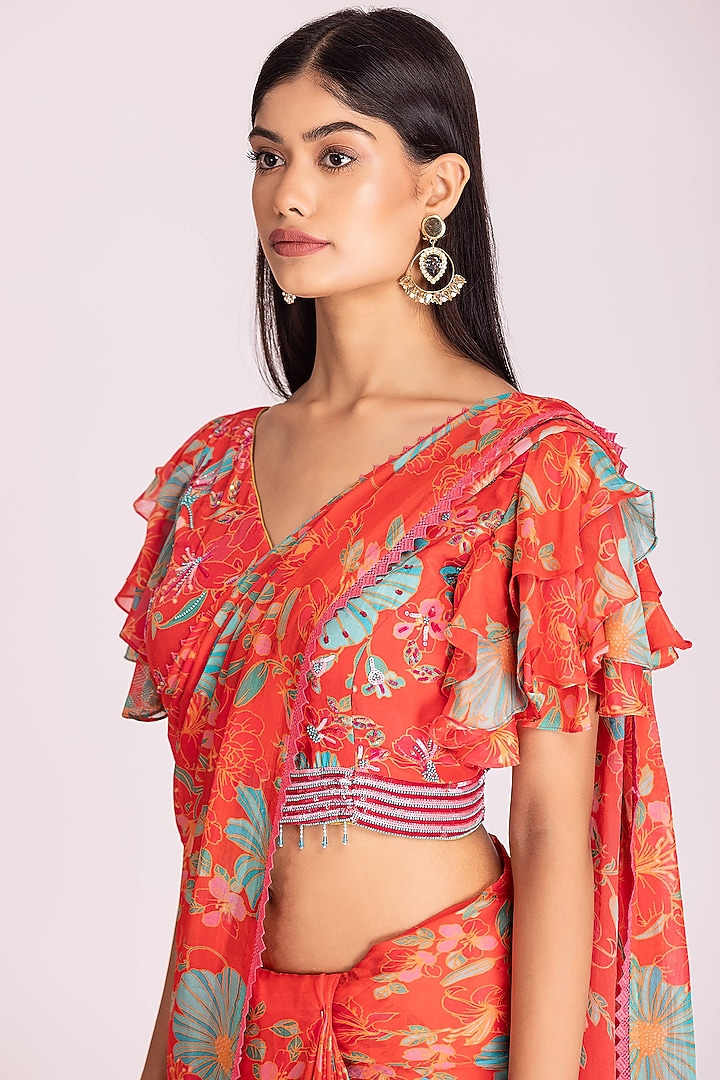 Tangerine Orange Organza Digital Printed Festive Saree Set by Tanu Malhotra at Pernia's Pop Up Shop
