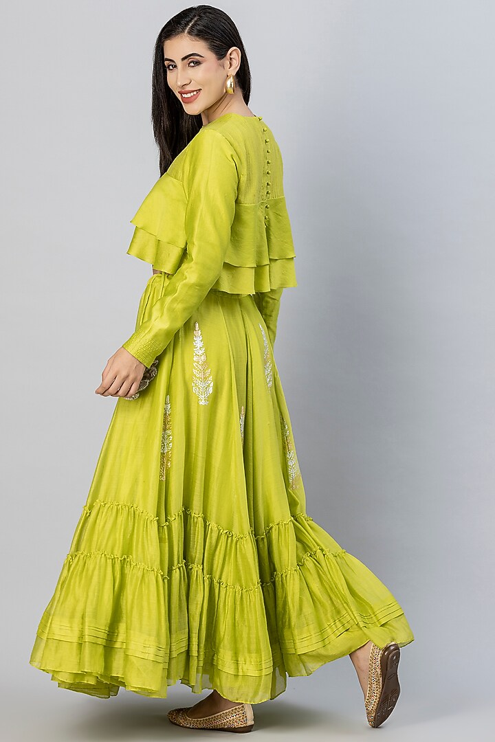 Lime Green Chanderi Silk Foil Printed Layered Skirt Set by Tanu Malhotra at Pernia's Pop Up Shop
