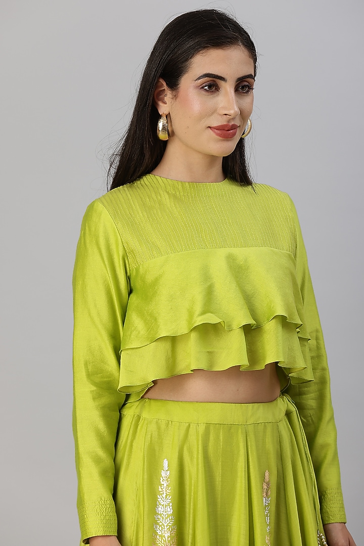 Lime Green Chanderi Silk Foil Printed Layered Skirt Set by Tanu Malhotra at Pernia's Pop Up Shop