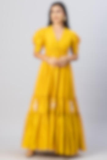 Mustard Chanderi Silk Foil Printed Bohemian Tiered Dress by Tanu Malhotra at Pernia's Pop Up Shop