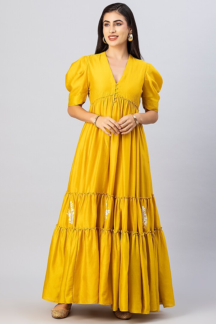 Mustard Chanderi Silk Foil Printed Bohemian Tiered Dress by Tanu Malhotra at Pernia's Pop Up Shop