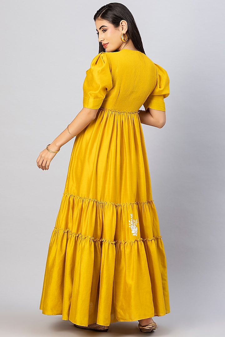 Mustard Chanderi Silk Foil Printed Bohemian Tiered Vacation Dress by Tanu Malhotra at Pernia's Pop Up Shop