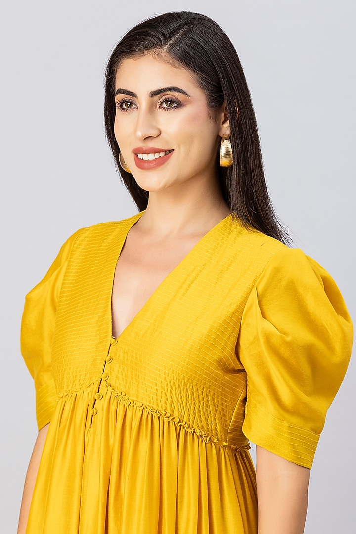 Mustard Chanderi Silk Foil Printed Bohemian Tiered Vacation Dress by Tanu Malhotra at Pernia's Pop Up Shop