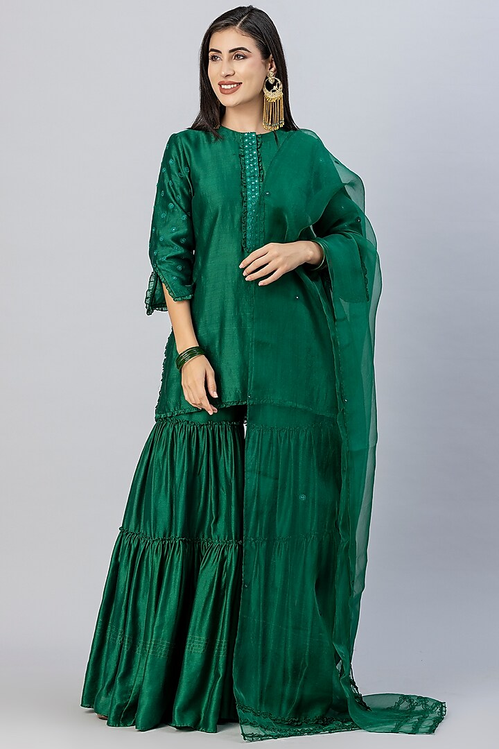 Emerald Green Chanderi Silk Gharara Set by Tanu Malhotra
