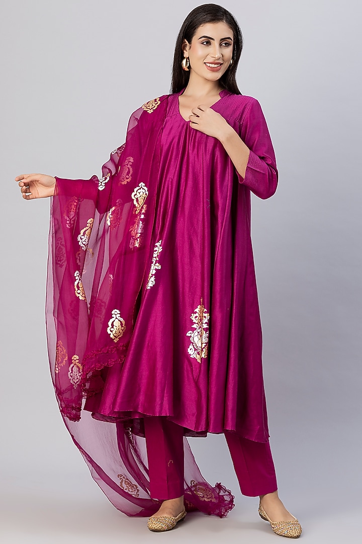 Plum Pink Chanderi Silk Foil Printed Party Wear Anarkali Set by Tanu Malhotra at Pernia's Pop Up Shop