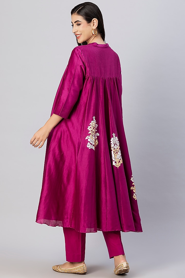 Plum Pink Chanderi Silk Foil Printed Party Wear Anarkali Set by Tanu Malhotra at Pernia's Pop Up Shop